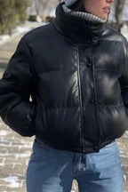 Solid Stand Collar PU Cotton Jacket