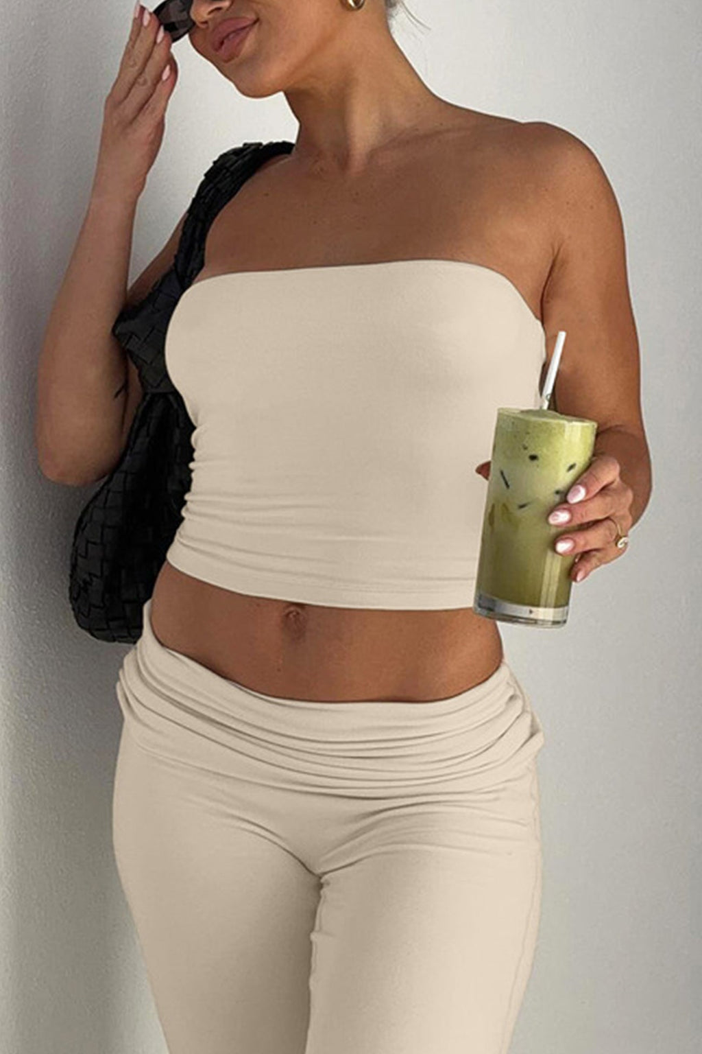 Solid Tube Top Stacking Flare Pants Set