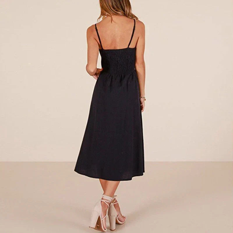 Spaghetti Strap V-Neck Button Front High Waist A-Line Midi Dress