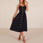 Spaghetti Strap V-Neck Button Front High Waist A-Line Midi Dress