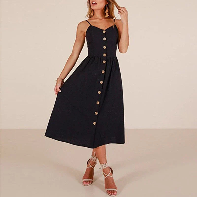 Spaghetti Strap V-Neck Button Front High Waist A-Line Midi Dress