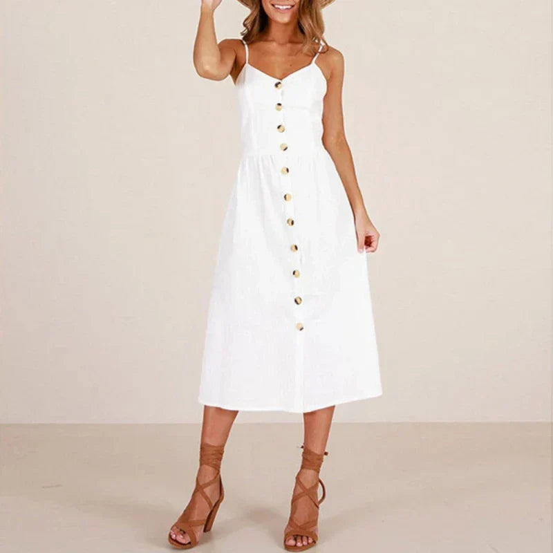 Spaghetti Strap V-Neck Button Front High Waist A-Line Midi Dress