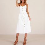 Spaghetti Strap V-Neck Button Front High Waist A-Line Midi Dress