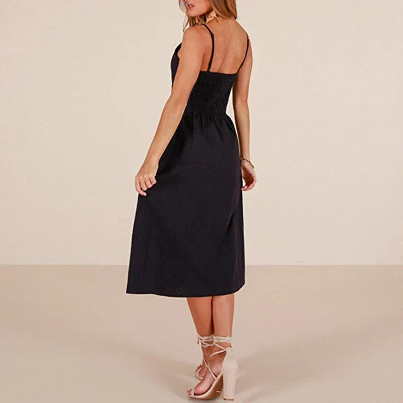 Spaghetti Strap V-Neck Button Front High Waist A-Line Midi Dress