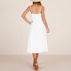 Spaghetti Strap V-Neck Button Front High Waist A-Line Midi Dress