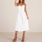 V-Neck Spaghetti Strap Button-Front Waist Seam A-Line Midi Dress