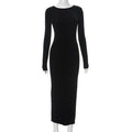 Solid Color Hip Round Neck Backless Long Sleeves Dress