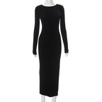 Solid Color Hip Round Neck Backless Long Sleeves Dress
