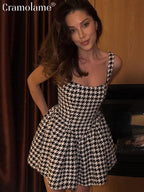 Houndstooth Square Neck Wide Strap Pleated A-Line Mini Dress