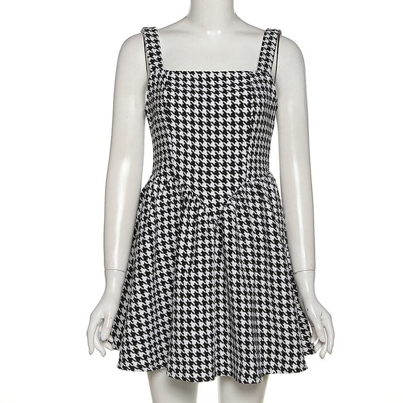Houndstooth Square Neck Wide Strap Pleated A-Line Mini Dress