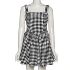 Houndstooth Square Neck Wide Strap Pleated A-Line Mini Dress