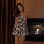 Houndstooth Square Neck Wide Strap Pleated A-Line Mini Dress