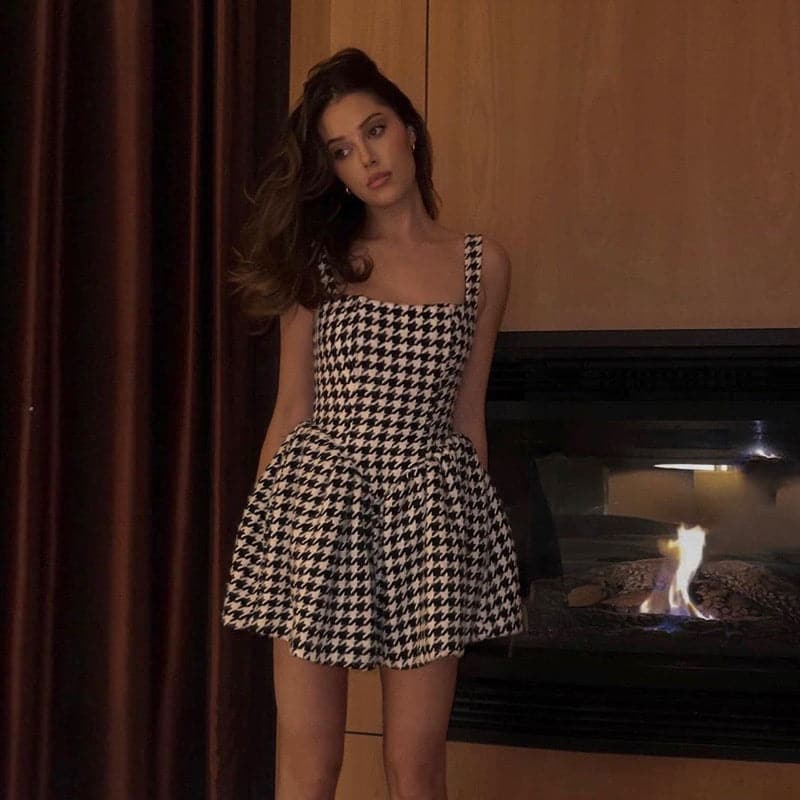 Houndstooth Square Neck Wide Strap Pleated A-Line Mini Dress