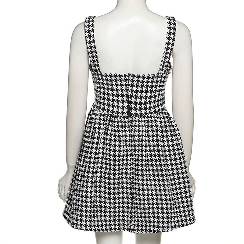 Houndstooth Square Neck Wide Strap Pleated A-Line Mini Dress