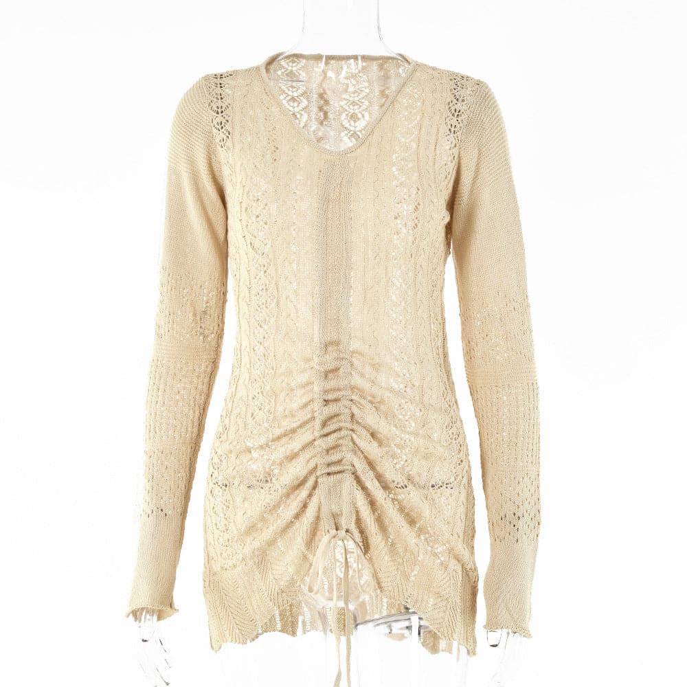Pointelle Knit Deep V-Neck Bell Sleeve Ruched Drawstring Mini Sweater Dress