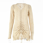 Pointelle Knit Deep V-Neck Bell Sleeve Ruched Drawstring Mini Sweater Dress