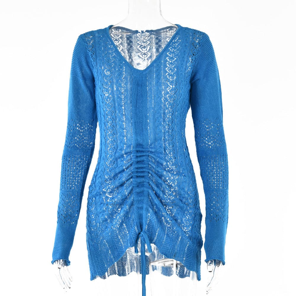 Pointelle Knit Deep V-Neck Bell Sleeve Ruched Drawstring Mini Sweater Dress