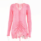Pointelle Knit Deep V-Neck Bell Sleeve Ruched Drawstring Mini Sweater Dress