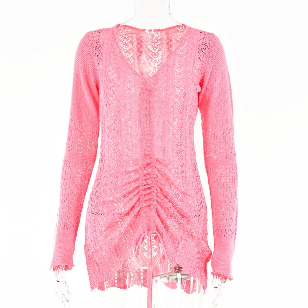 Pointelle Knit Deep V-Neck Bell Sleeve Ruched Drawstring Mini Sweater Dress