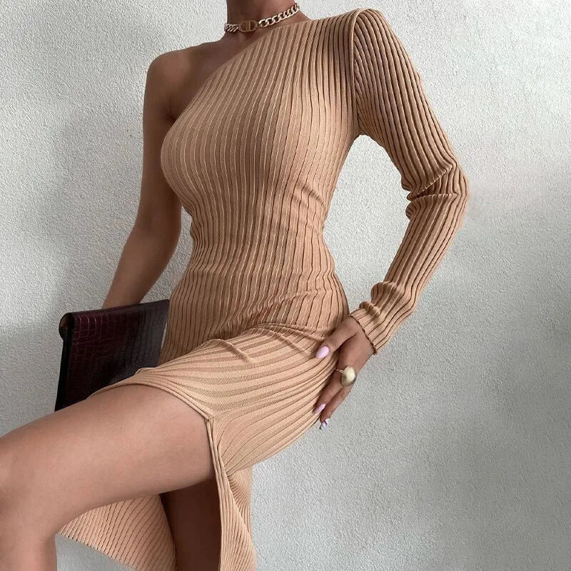 Ribbed Knit One Shoulder Long Sleeve Asymmetric Hem Bodycon Midi Dress
