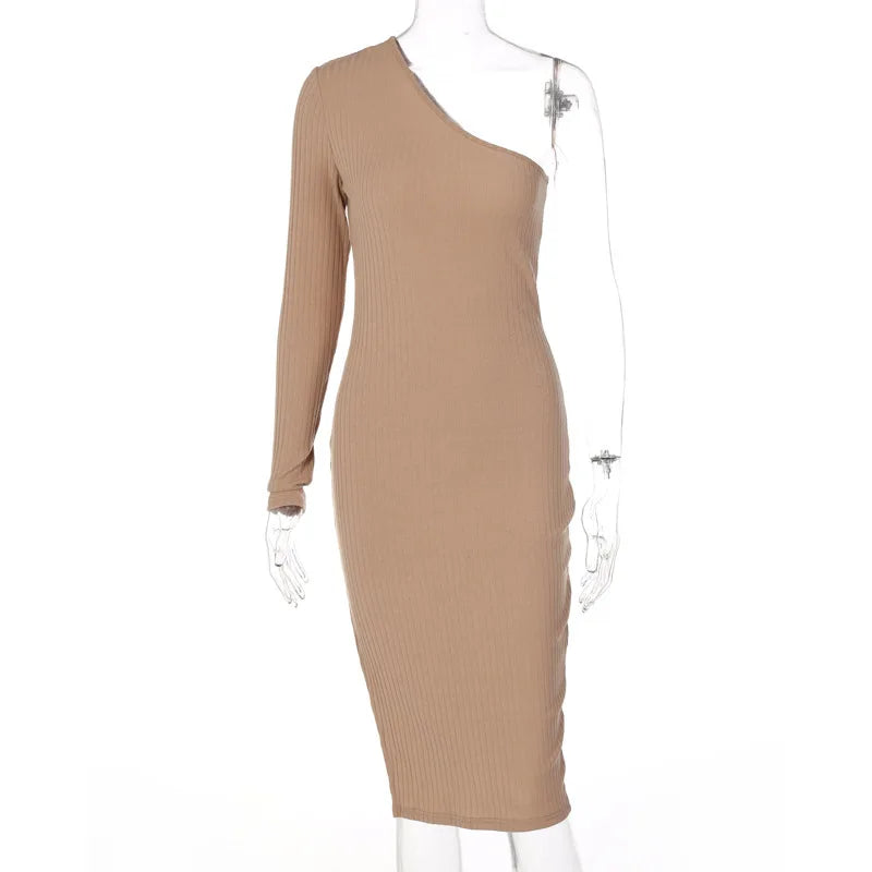 One Shoulder Ribbed Knit Diagonal Split Bodycon Midi Dress