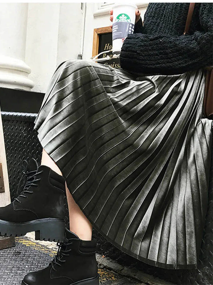 Accordion Pleat Shimmer Velvet High Waist Midi Skirt