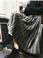 Accordion Pleat Shimmer Velvet High Waist Midi Skirt