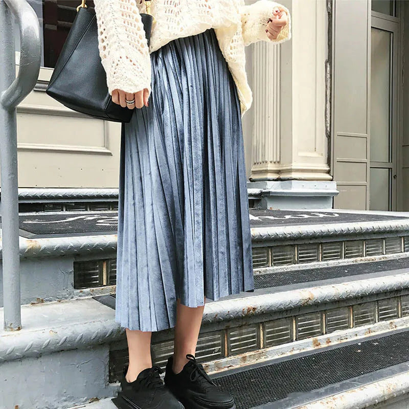 Accordion Pleat Shimmer Velvet High Waist Midi Skirt