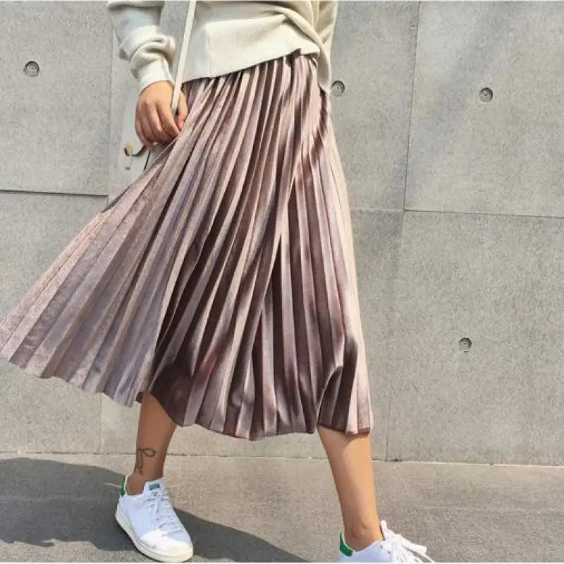 Accordion Pleat Shimmer Velvet High Waist Midi Skirt