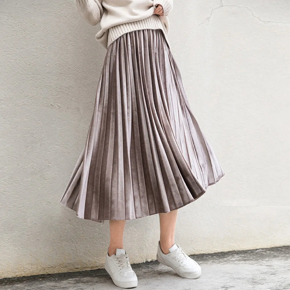 Accordion Pleat Shimmer Velvet High Waist Midi Skirt