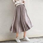 Accordion Pleat Shimmer Velvet High Waist Midi Skirt