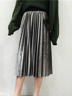 Accordion Pleat Shimmer Velvet High Waist Midi Skirt