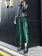 Accordion Pleat Shimmer Velvet High Waist Midi Skirt