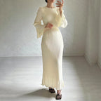 High Neck Accordion Pleat Bell Sleeve Belted Waist Shimmer Maxi Dress