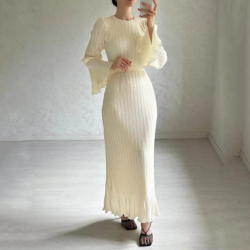 High Neck Accordion Pleat Bell Sleeve Belted Waist Shimmer Maxi Dress