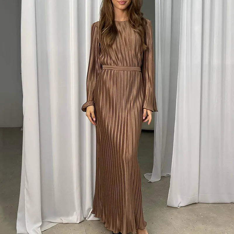 High Neck Accordion Pleat Bell Sleeve Belted Waist Shimmer Maxi Dress