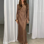 High Neck Accordion Pleat Bell Sleeve Belted Waist Shimmer Maxi Dress
