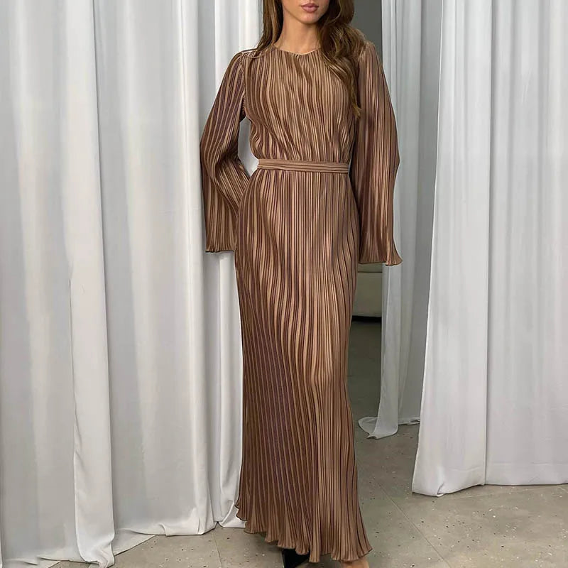 High Neck Accordion Pleat Bell Sleeve Belted Waist Shimmer Maxi Dress