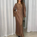 High Neck Accordion Pleat Bell Sleeve Belted Waist Shimmer Maxi Dress