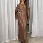 High Neck Accordion Pleat Bell Sleeve Belted Waist Shimmer Maxi Dress