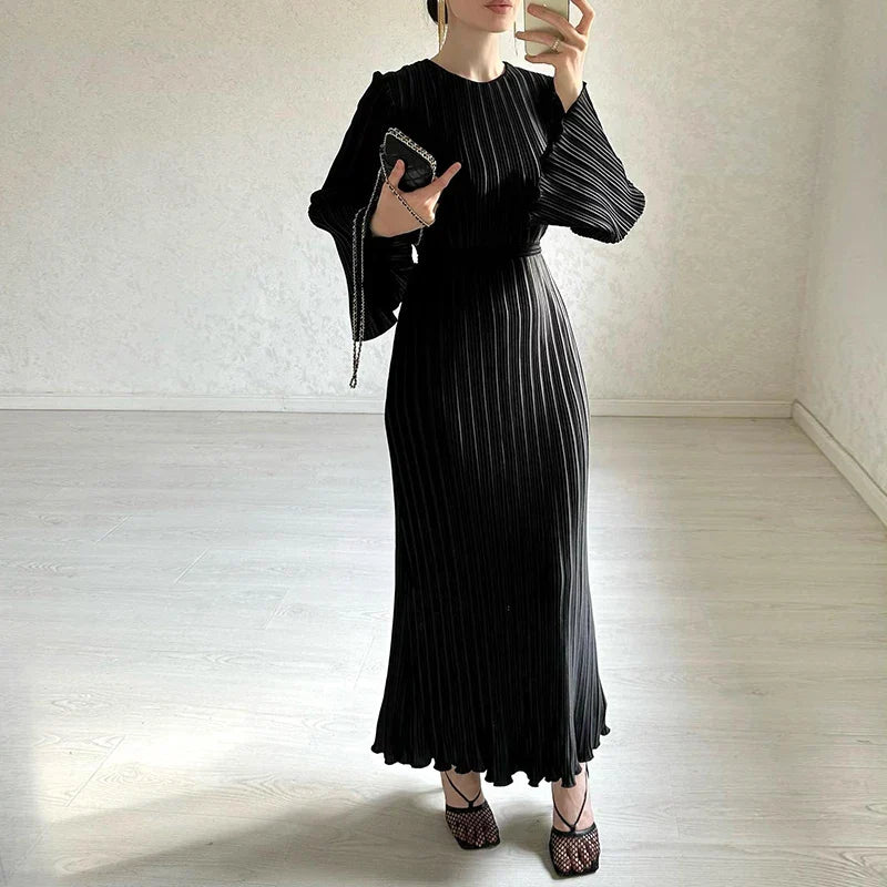 High Neck Accordion Pleat Bell Sleeve Belted Waist Shimmer Maxi Dress
