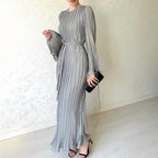 High Neck Accordion Pleat Bell Sleeve Belted Waist Shimmer Maxi Dress