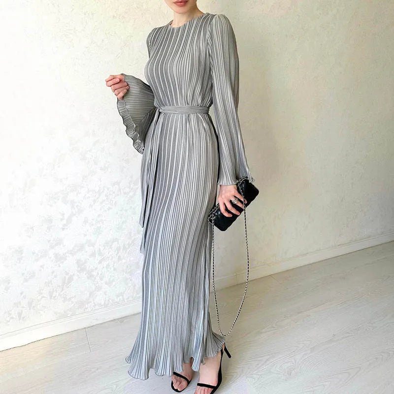 High Neck Accordion Pleat Bell Sleeve Belted Waist Shimmer Maxi Dress