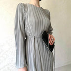 High Neck Accordion Pleat Bell Sleeve Belted Waist Shimmer Maxi Dress