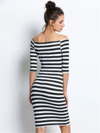 Off Shoulder Stripe Three Quarter Sleeve Bodycon Knee Length Dress