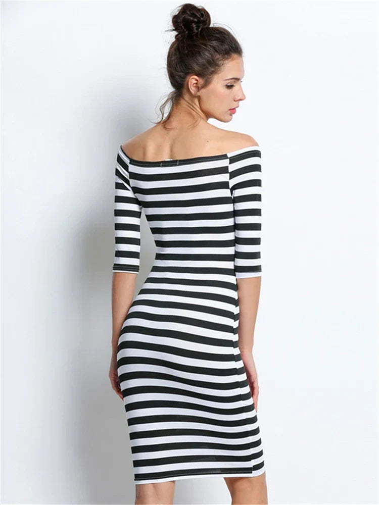Off Shoulder Stripe Three Quarter Sleeve Bodycon Knee Length Dress