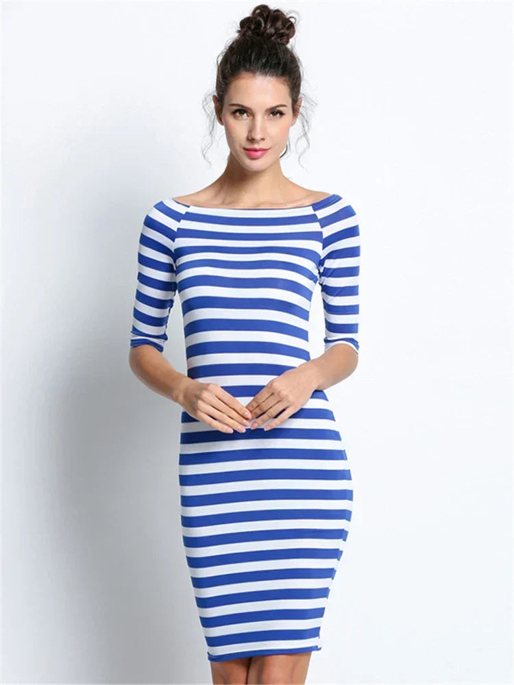 Off Shoulder Stripe Three Quarter Sleeve Bodycon Knee Length Dress