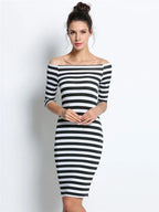 Off Shoulder Stripe Three Quarter Sleeve Bodycon Knee Length Dress