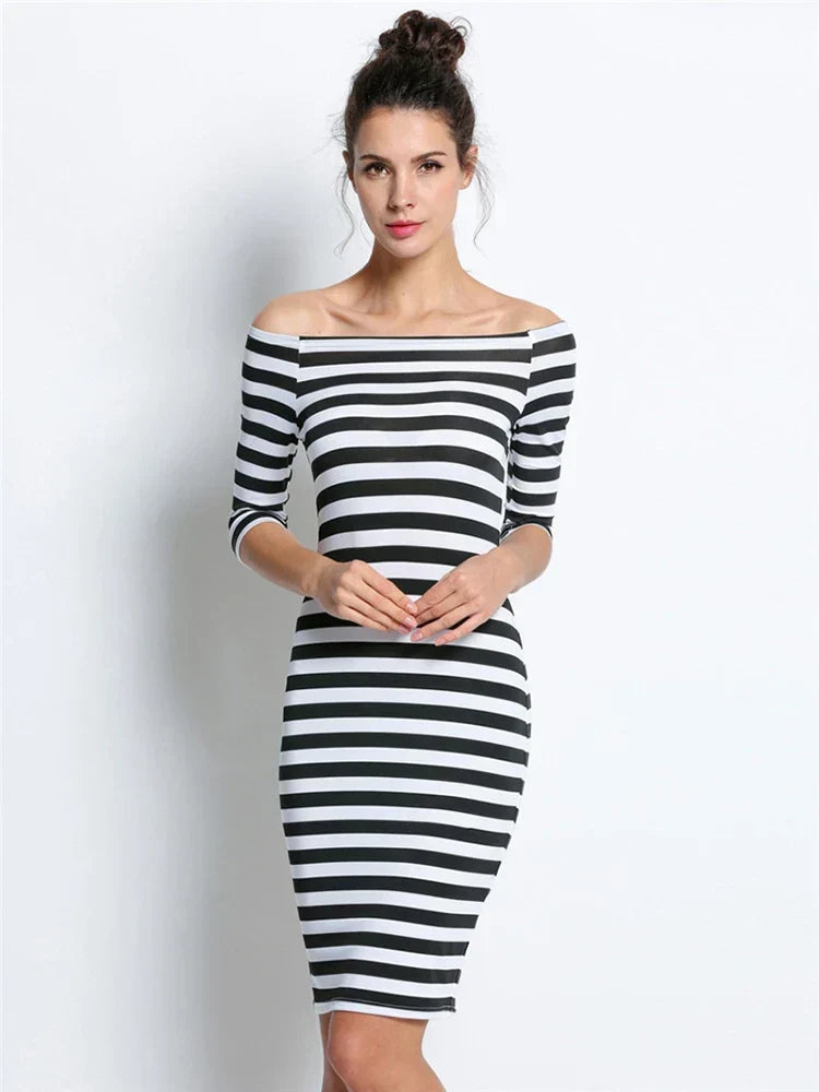 Off Shoulder Stripe Three Quarter Sleeve Bodycon Knee Length Dress