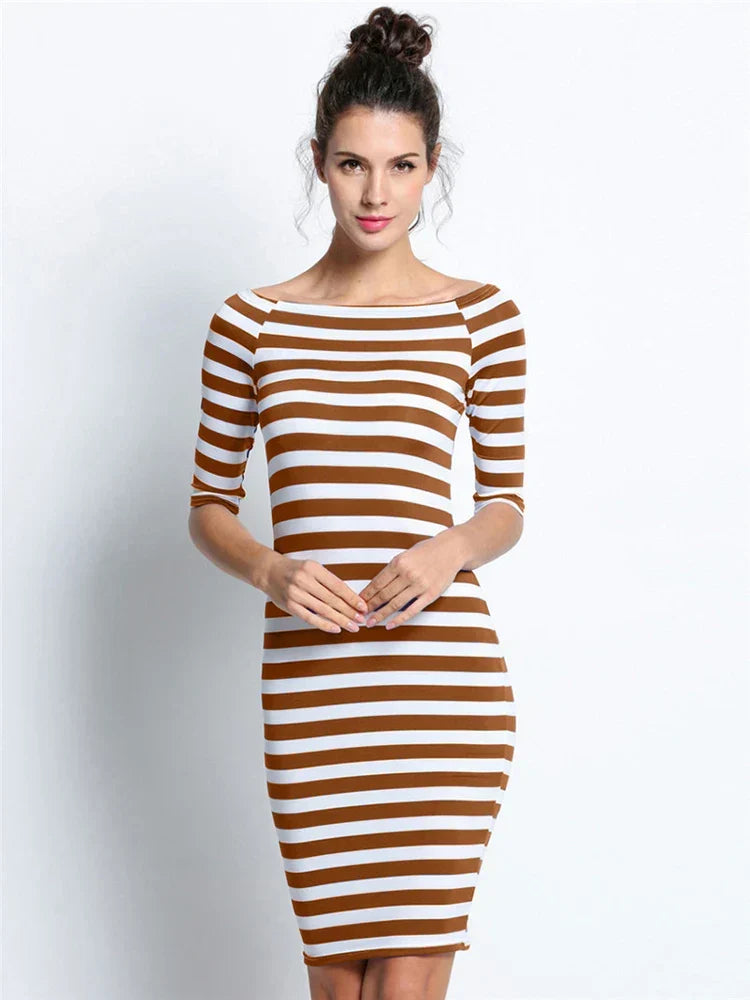Off Shoulder Stripe Three Quarter Sleeve Bodycon Knee Length Dress